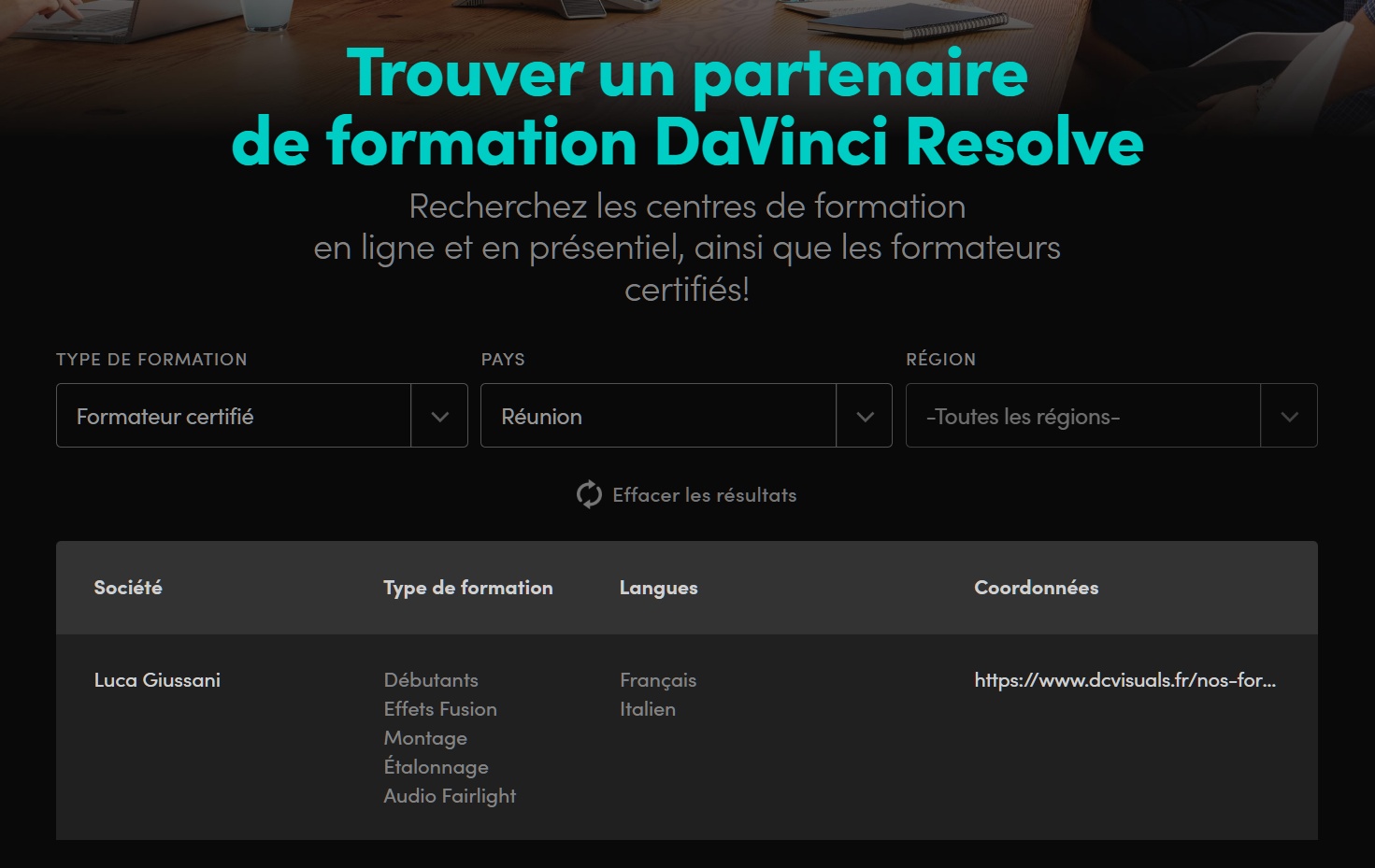 Capture de l’annuaire officiel Blackmagic Design montrant Luca Giussani comme formateur certifié à La Réunion