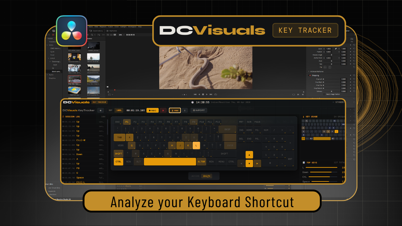 DCVisuals KeyTracker — interface principale avec heatmap clavier et log de session dans DaVinci Resolve