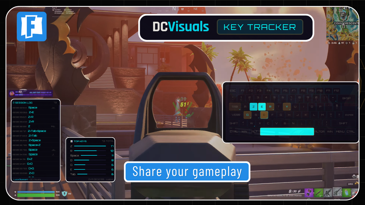 KeyTracker Pro Streamer — overlay Gamer Theme en jeu avec session log et Top Keys