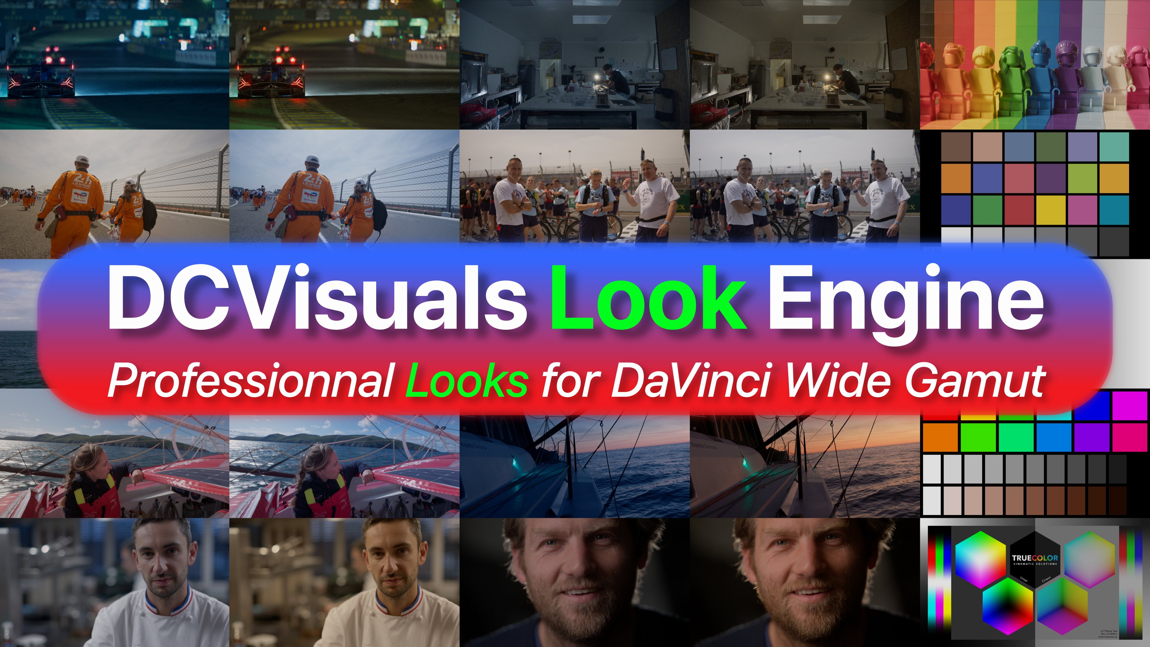 DCVisuals Look Engine — mosaïque de rendus professionnels sur DaVinci Wide Gamut