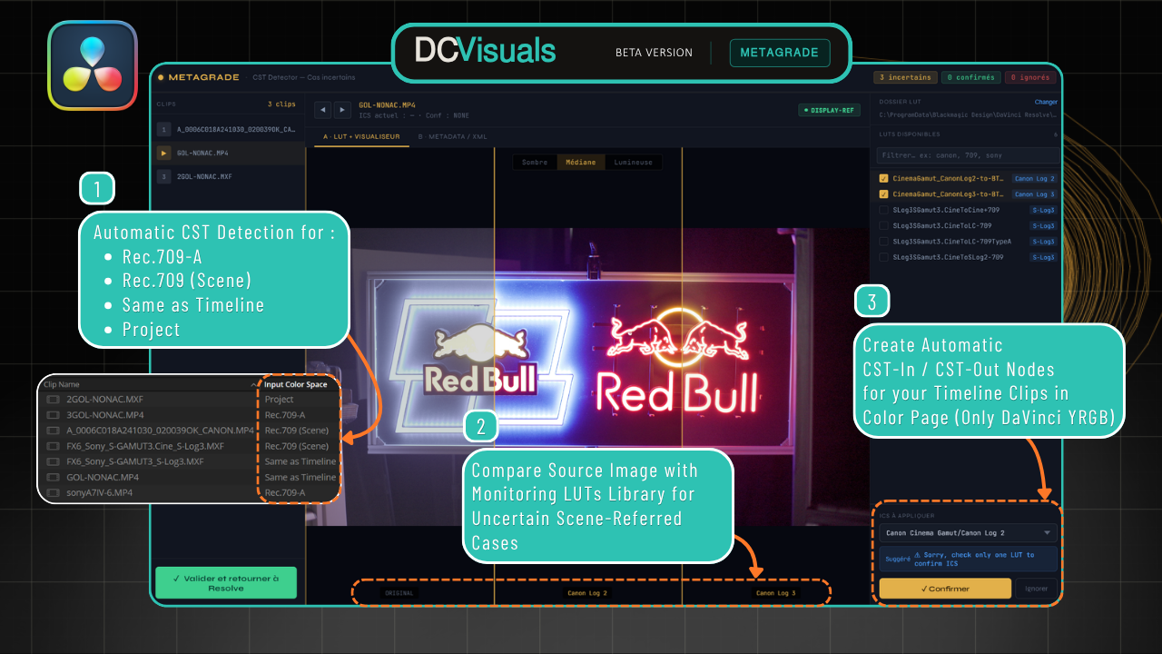 MetaGrade — Interface principale de détection automatique CST dans DaVinci Resolve